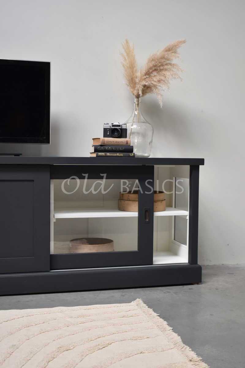 Detail van Dressoir Bordeaux, 3 deuren, RAL7021, grijs, zwart, materiaal hout